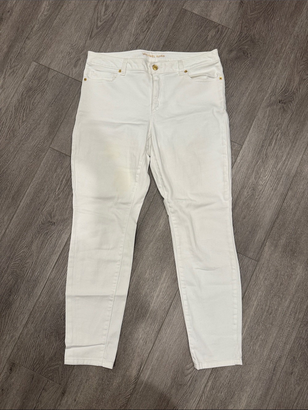 Michael Kors Izzy Skinny Cream Skinny Jeans with Gold Hardware size 10 d1